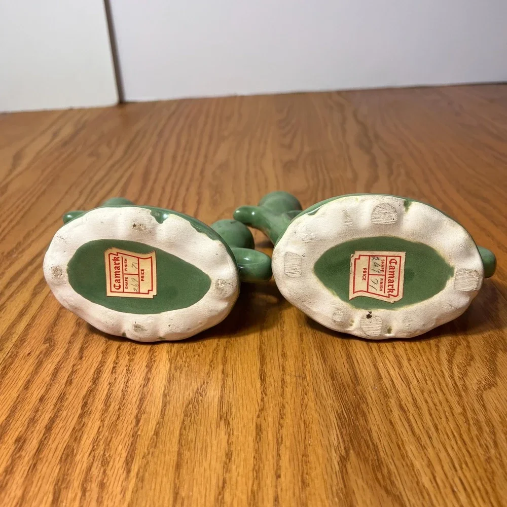 VTG Camark Pottery Pair of Green Double Candle Holders Mid Century Matte Glaze